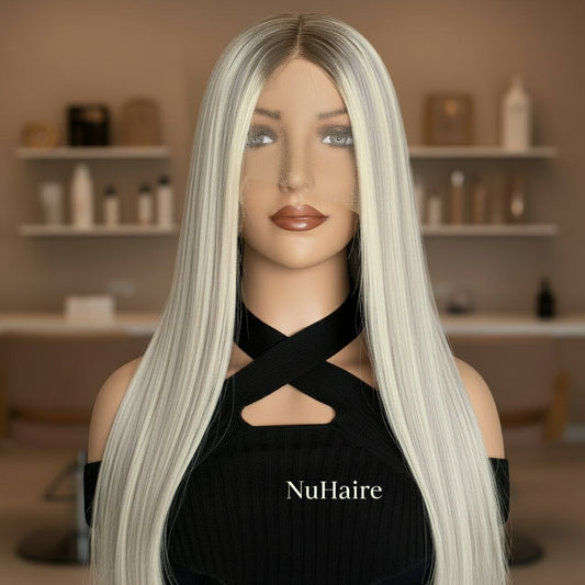 Mannequin head with long European human hair glueless ash grey blonde wig in a room with shelves and decor.
