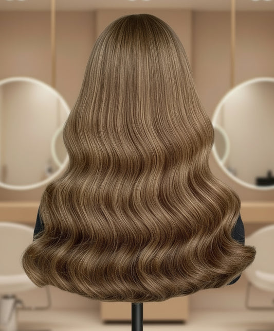 Back view of long, European human hair, featuring an Espresso Brown Balyage loose wavy brown 9x5 glueless mono lace wig, set on a chair indoors.