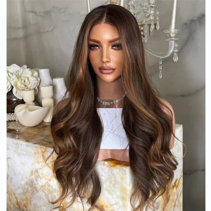 Brown balayage full lace 360 body wave wig front view showing dimensional highlights and natural hairline