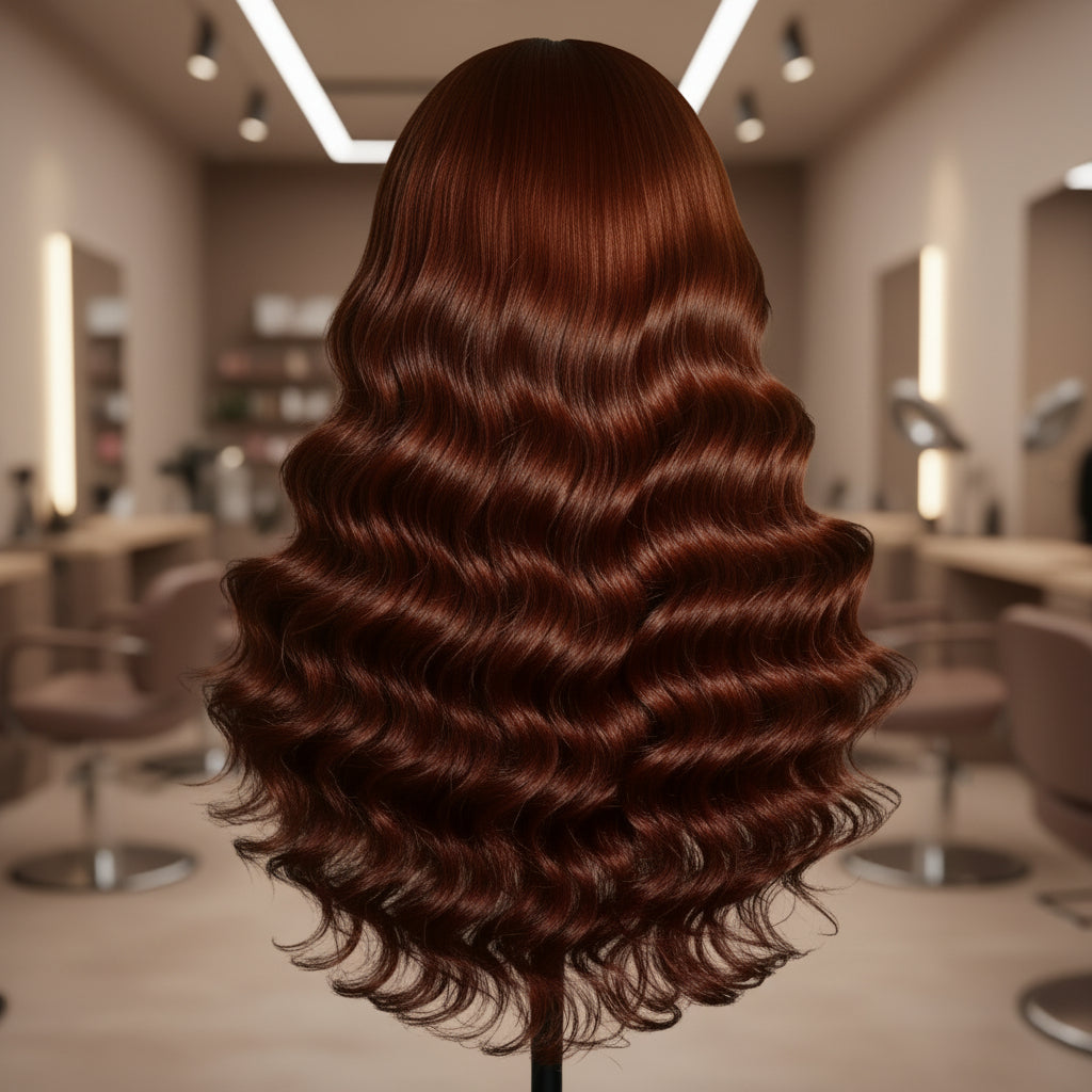 Cinnamon brown loose deep wave wig alternate view displaying luxurious volume and spiced brown color depth