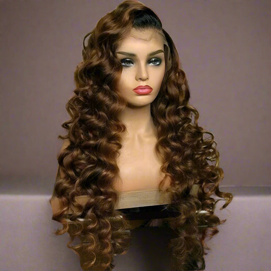 Chocolate brown curly wig showcasing raw human hair quality and rich brown color depth