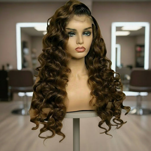 Chocolate brown curly wig showcasing raw human hair quality and rich brown color depth