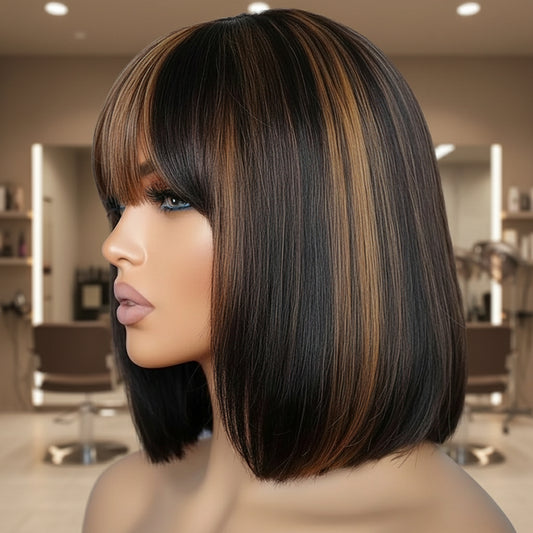 Front view of glueless honey blonde wig displaying stylish bangs and honey blonde highlight placement
