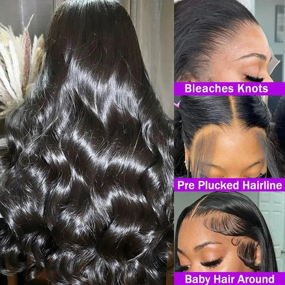 Two-part image of a 13x4 HD transparent lace front Brazilian human hair wig displayed on a model, showcasing a natural 180% density, rich black color, and body wave texture, along with close-up images of the natural pre-plucked hairline, realistic scalp, bleached knots, baby hair, and styling versatility.