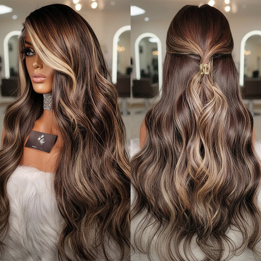This two-part image features a mannequin showcasing NuHaire's Sun Kissed Caramel Brown Balayage wig. This 180% density human hair wig is made from premium European human hair and boasts a natural wave texture. It offers styling versatility and features a 13x4 transparent lace for a realistic hairline.