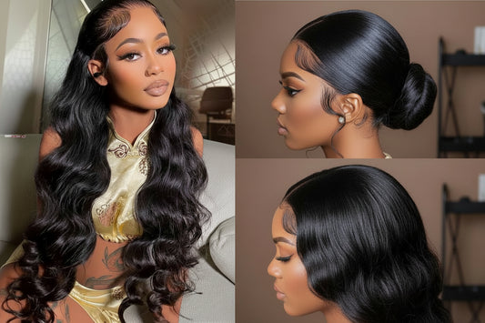 Body Wave Glueless 360 Invisi-String Wig showing updo hairstyling versatility and secure fit