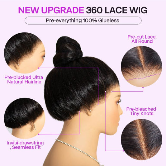 Loose Deep Wave 360 Invisi-String Wig updo style on mannequin head with product benefits text overlay