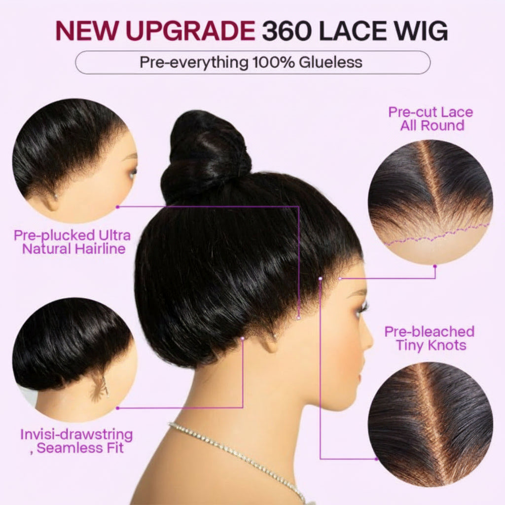 Loose Deep Wave 360 Invisi-String Wig updo style on mannequin head with product benefits text overlay