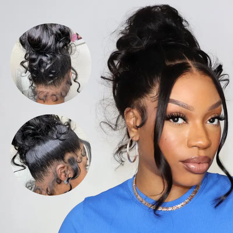 Body Wave Glueless Invisi-String 360 Lace Wig displaying updo styling versatility and texture