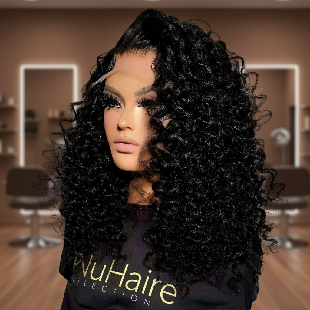 Premium jerry curly bob wig side angle showing natural movement and transparent lace, natural hairline