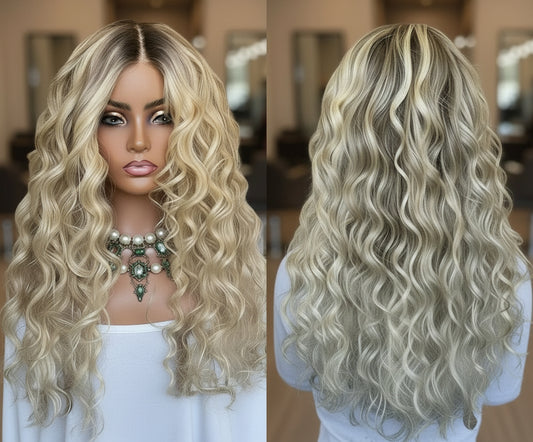 Side by side view of ash blonde highlight loose wave wig showing front and back styling versatility