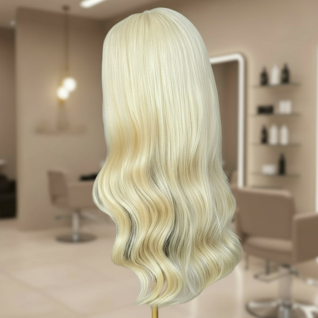 Side view of 613 light Blonde Glueless European human hair body wave wig on a mannequin head in a hair product display area.