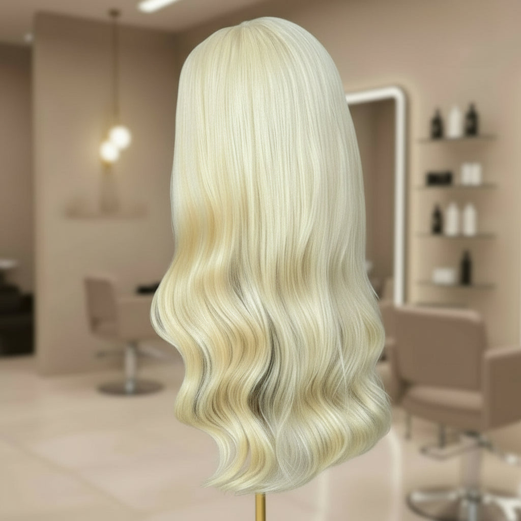 Side view of 613 light Blonde Glueless European human hair body wave wig on a mannequin head in a hair product display area.