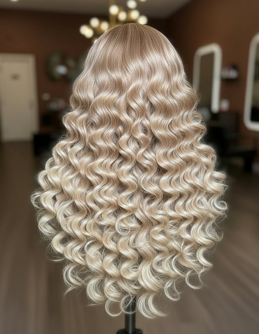 Blonde wig with wavy hair on a mannequin head in a blurred indoor setting