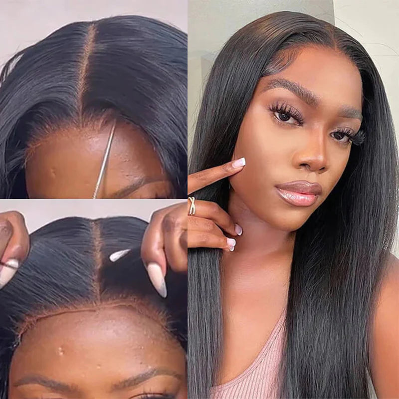 A model is showcasing NuHaire's long-length Bone Straight Ready-to-Wear Glueless 7x5 HD Lace Closure Wig. This wig features a natural black color, a silky straight texture, premium human hair, and skin-melt HD lace, with up close images of an invisible hairline and easy installation.