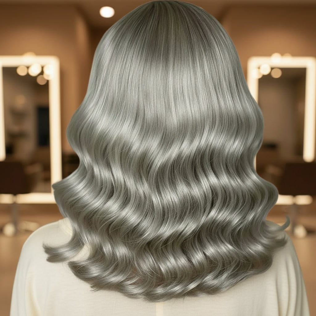 Platinum grey blonde body wave wig showing lace front detail and ultra-realistic scalp appearance