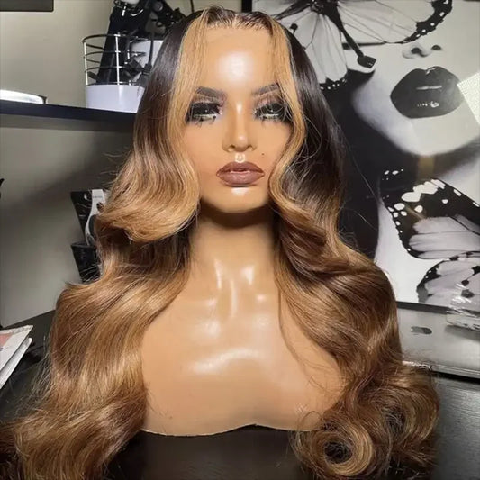 Honey blonde highlight body wave wig displaying face framing color placement and natural texture quality