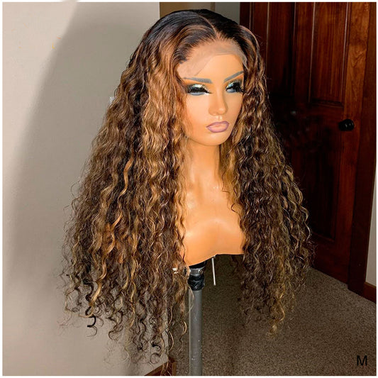 Mannequin display showing 13x4 honey blonde highlight 200% full density curly highlight texture