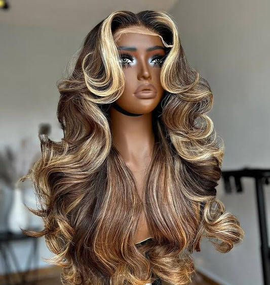 13x4 Transparent lace front human hair wig displayed on a mannequin head showing full 250% density volume, rich bronde highlight, natural hairline, long cascading waves, European human hair, and body wave texture