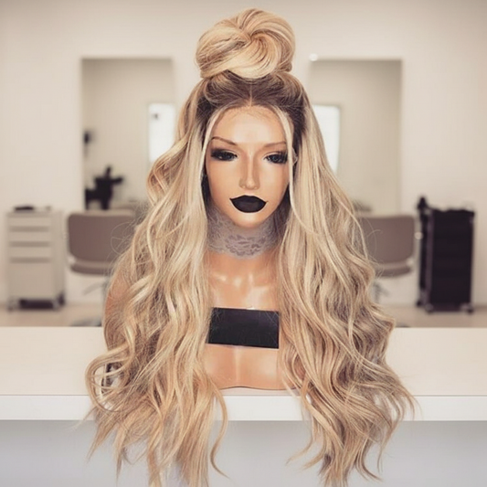 A mannequin showcases NuHaire's 18" Golden Blonde Ombre Wavy Full Lace Human Hair Wig, which features a golden blonde ombre color transformation, high-quality European natural wavy hair, natural volume, and a full 360-degree lace for complete hairline coverage.