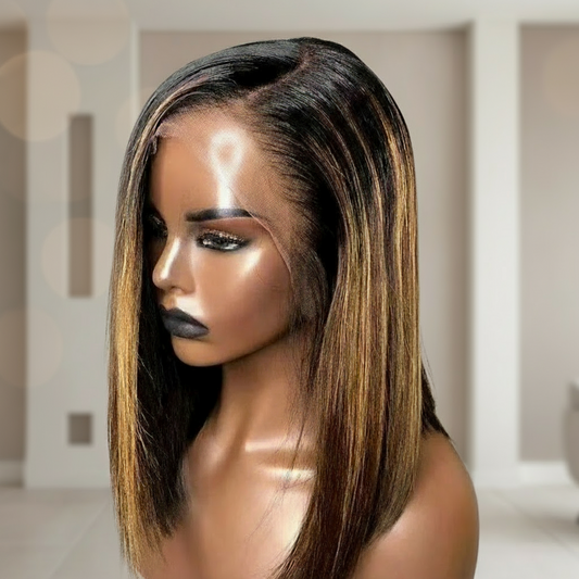 Side view - A mannequin displays NuHaire's #4/27 Brown Blonde Highlight Straight Human Hair Bob Wig, featuring a natural brown color with honey blonde highlights, full volume from root to tip, and skin-melting HD lace.