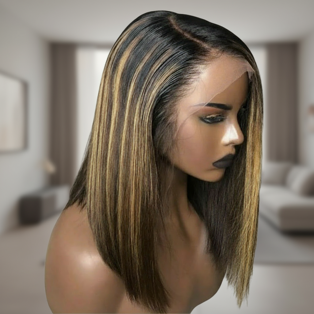 Side view - A mannequin displays NuHaire's #4/27 Brown Blonde Highlight Straight Human Hair Bob Wig, featuring a natural brown color with honey blonde highlights, full volume from root to tip, natural hairline, and skin-melting HD lace.
