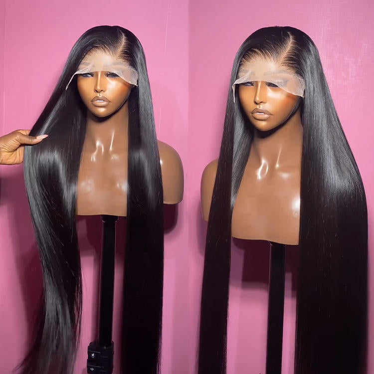 Side by side image of 13x4 Transparent lace front silken straight human hair wig displayed on a mannequin showing full volume, rich natural black color, Straight texture, premium natural hairline, and realistic scalp with a hand fanning out hair