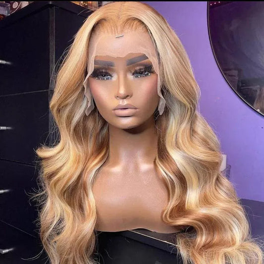 Peruvian 4/613 highlight wig from different angle showing long length and dimensional color blend