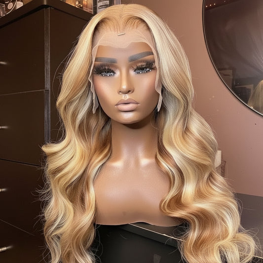 Peruvian 4/613 highlight wig from different angle showing long length and dimensional color blend