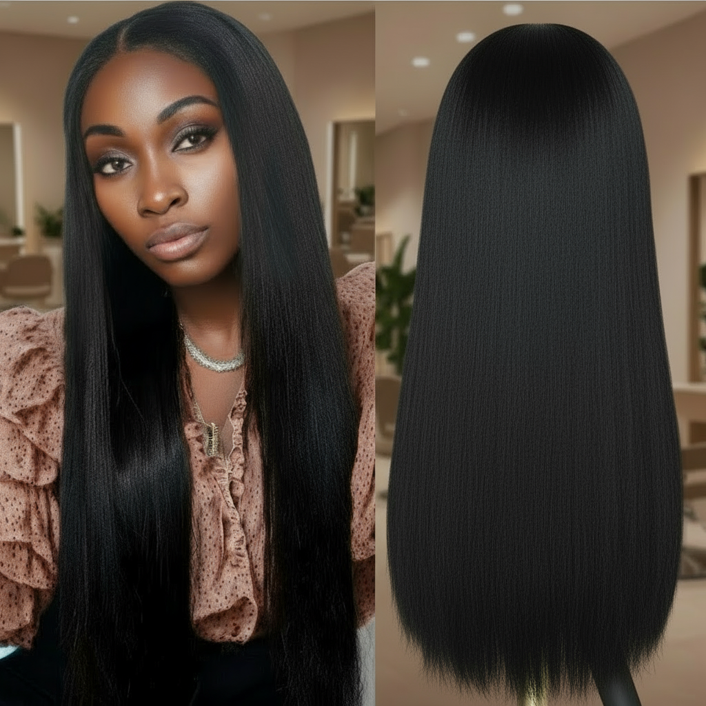 Two views of a mannequin head and model wearing the NuHaire Straight 4x4 HD/Transparent Lace Closure Human Hair Wig, which features a natural black color, premium human hair quality, styling versatility, and a 4x4 lace closure for a natural-looking hairline.