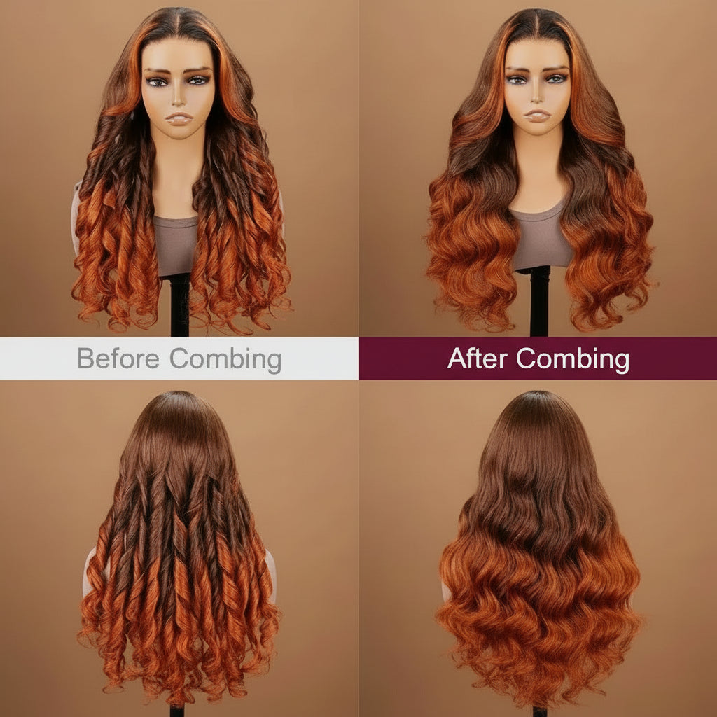 Before and after styling of ginger ombre precut glueless wig showing natural texture and styled body wave movement