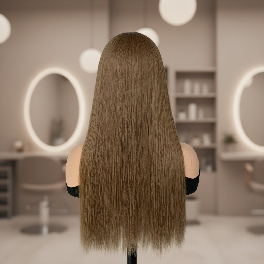 Sienna brown straight wig back view on mannequin showing full hair density and natural straight texture