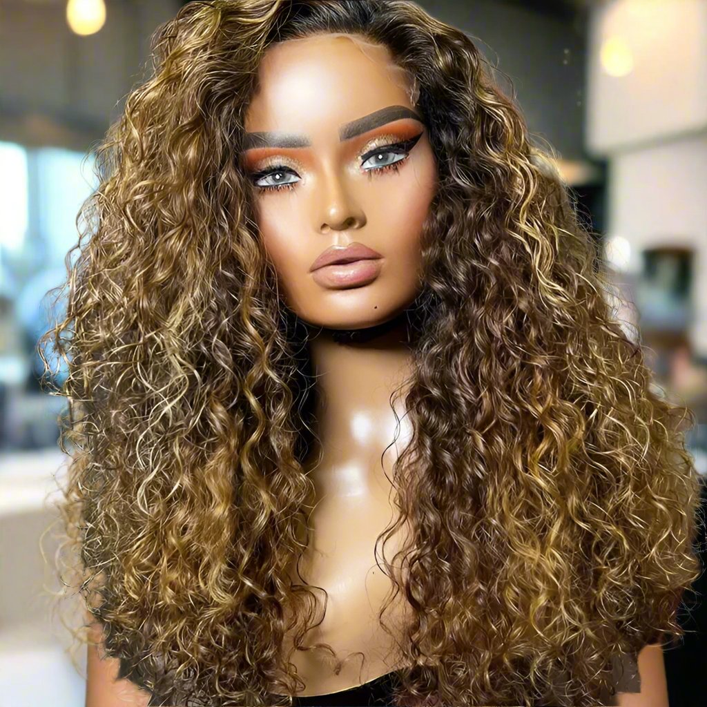 Honey blonde highlight curly wig different view showcasing ultra-realistic scalp and hair quality