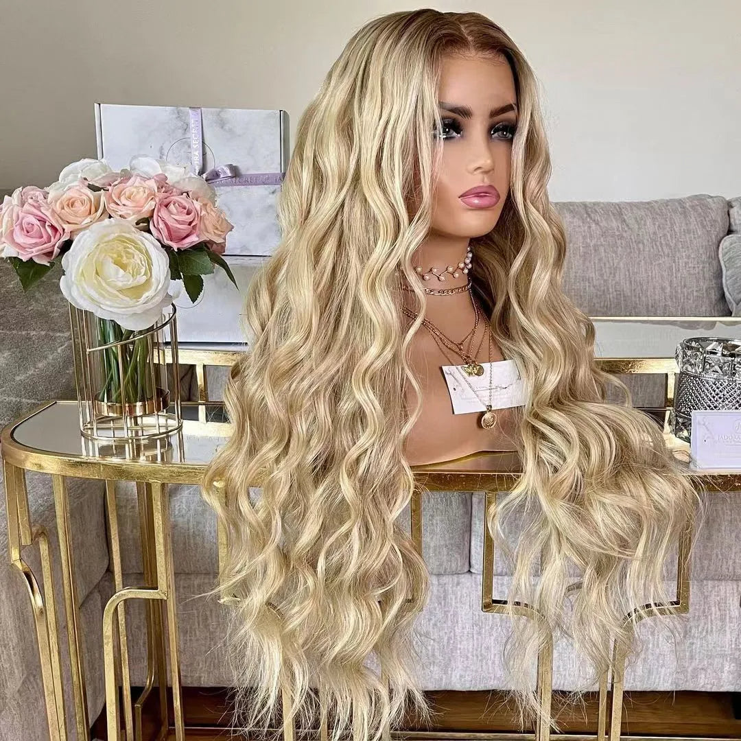 European human hair shadow root Side view of Blonde 13x4 lace front loose wave wig displayed on a mannequin head showcasing texture, color, length, and natural density with a decorative background