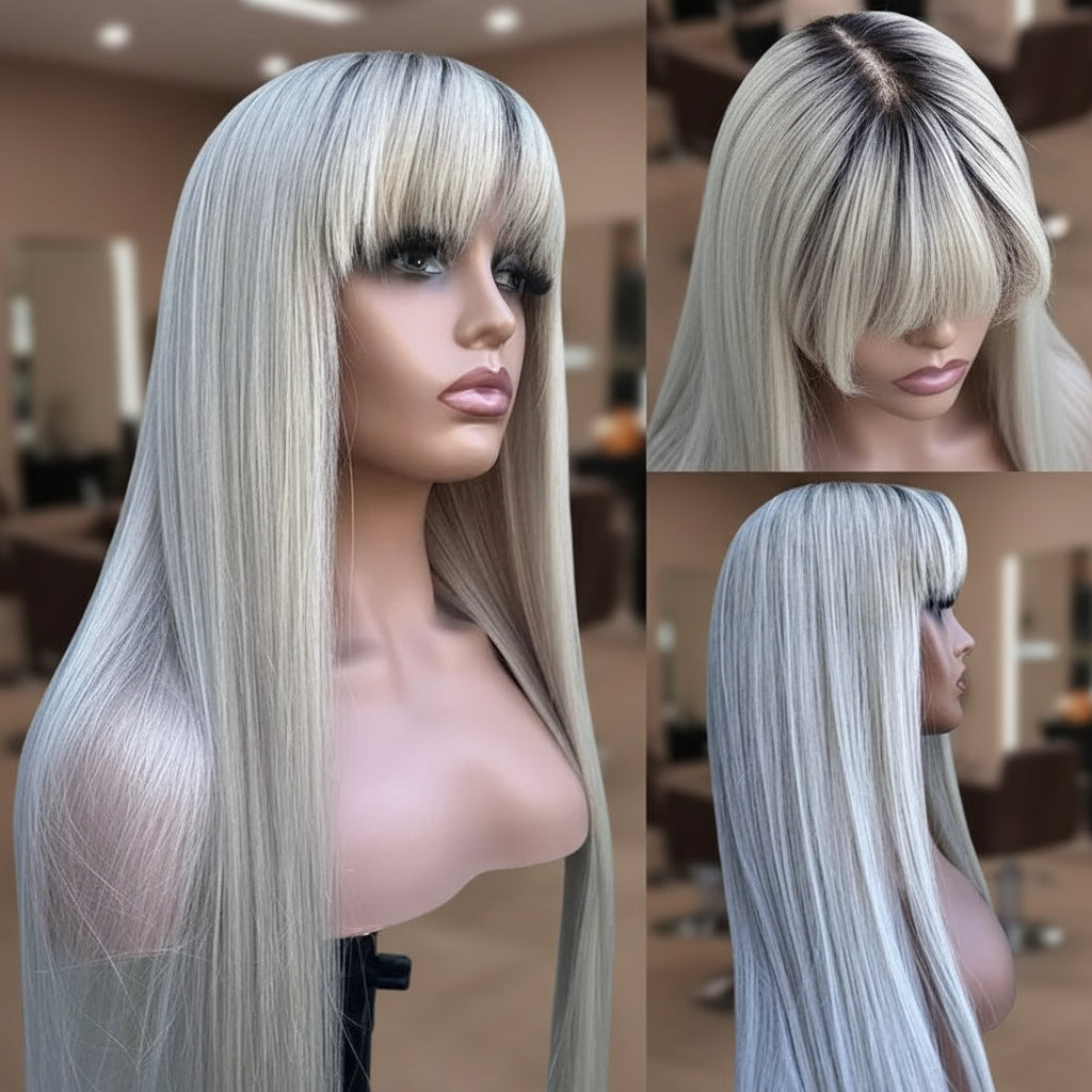 Combined view of ash blonde highlight wig with bangs showcasing front, back, and scalp detail with 250% density