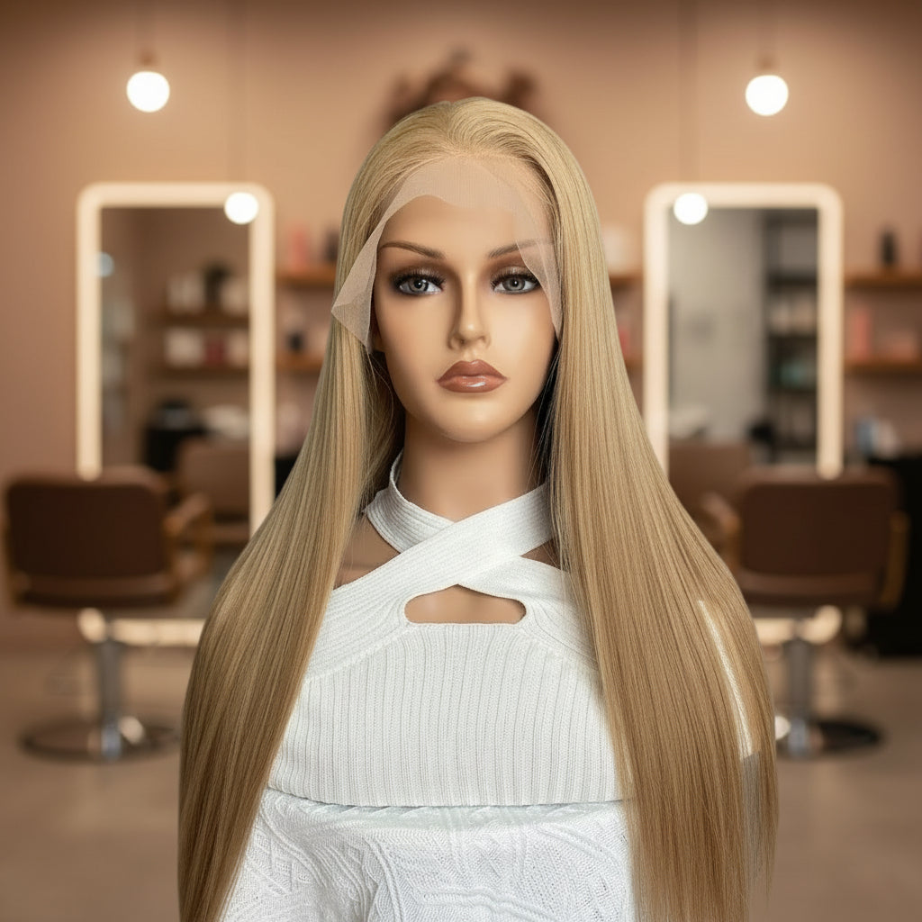 Strawberry blonde 13x6 HD lace wig front view showing timeless elegance and sophisticated styling