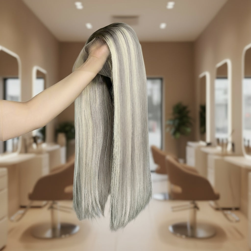 Person holding long European ash grey blond highlight straight wig in a hair salon
