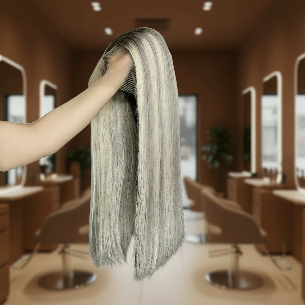 Person holding long European ash grey blond highlight straight wig in a hair salon