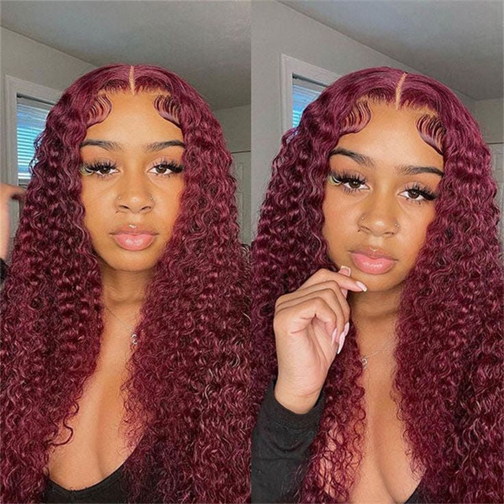 Woman modeling 99J dark burgundy deep curly wig from various angles highlighting rich color depth and natural curl definition