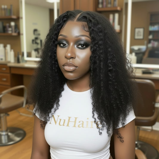 Model display 2 - NuHaire's Brazilian / Indian Kinky Curly Human Hair HD Lace Closure features a natural black color and premium human hair. Available in Brazilian and Indian textures with various lace sizes, it offers full volume and a natural kinky curly texture.