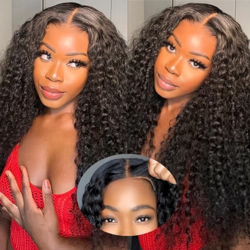A side-by-side image showing a woman wearing a beginner-friendly NuHaire deep wave wig in natural black. The wig has 200% density and features a 6x4 HD glueless lace closure. Close-up image inlet highlights the seamless HD natural hairline.