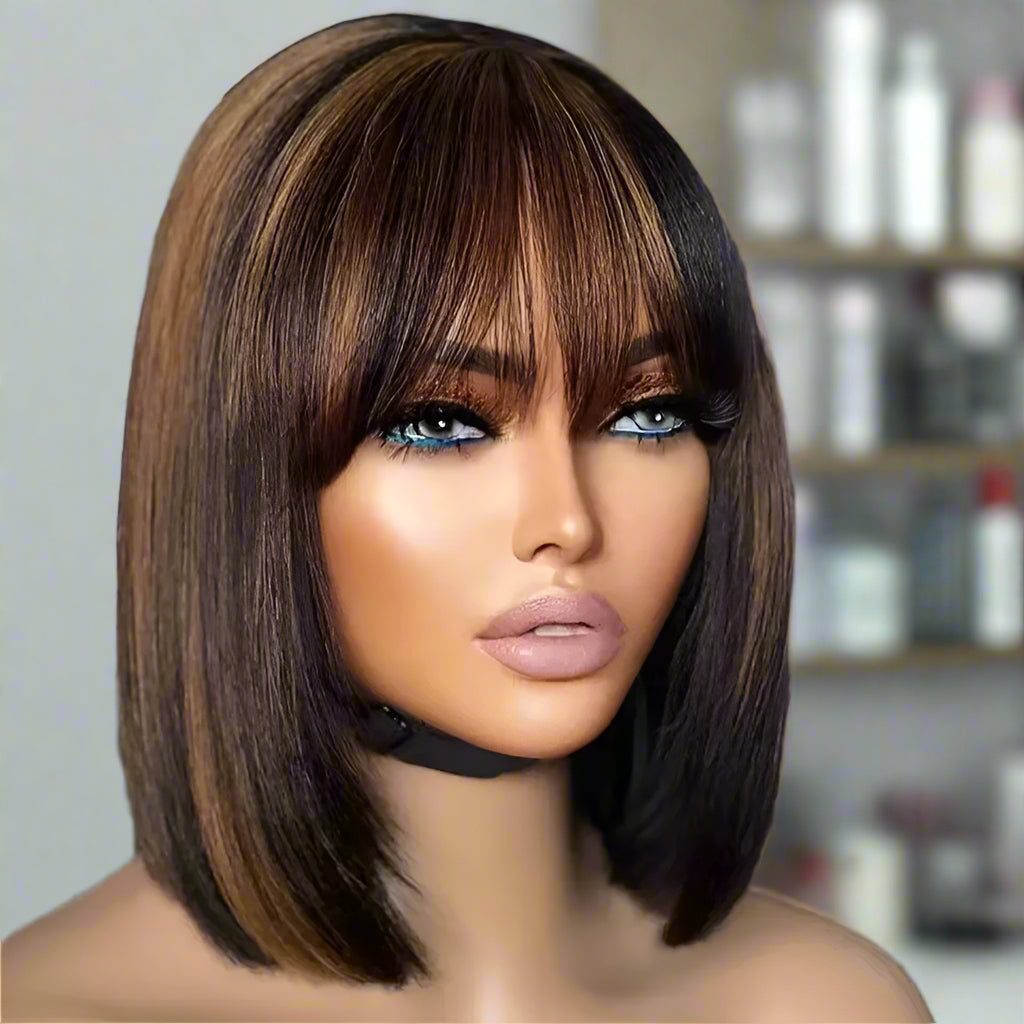 Glueless honey blonde wig with bangs different angle displaying ready-to-wear convenience and styling
