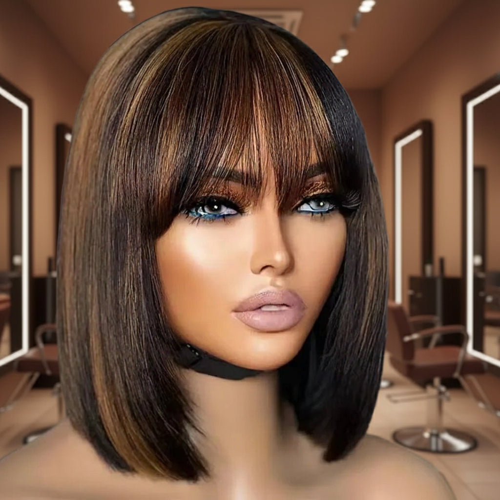 Glueless honey blonde wig with bangs different angle displaying ready-to-wear convenience and styling