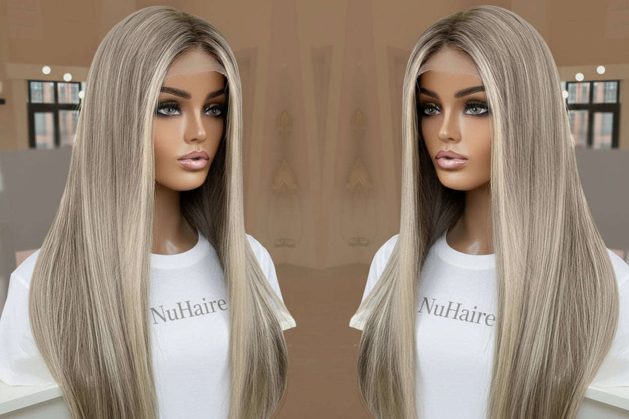 Two mannequin heads with European Human Hair wigs, high-quality texture, natural hairline, 13x6 lace front, and ash grey blonde highlight color