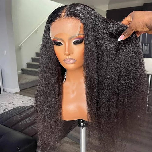 Kinky straight 5x5 HD lace closure human hair wig displayed on mannequin showing kinky straight texture, natural hairline, long length, full volume 200% density, and styling versatility