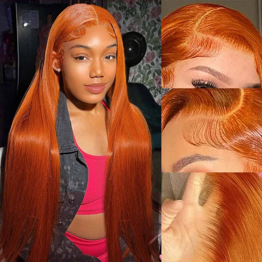 Model wearing Invisi-String ginger straight wig with close-up showing 360 lace hairline quality