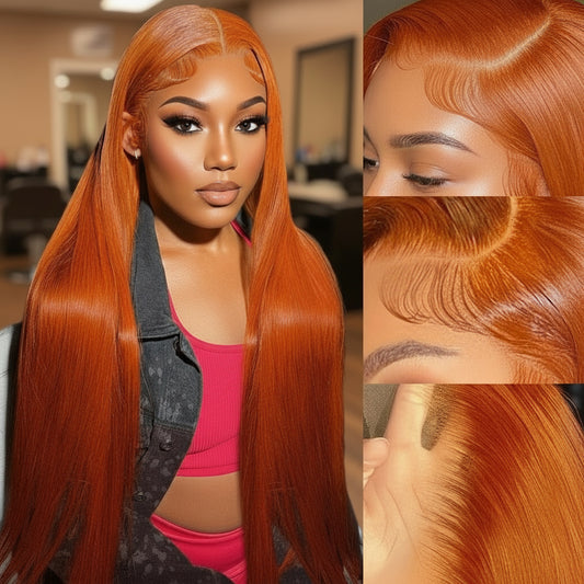 Model wearing Invisi-String ginger straight wig with close-up showing 360 lace hairline quality
