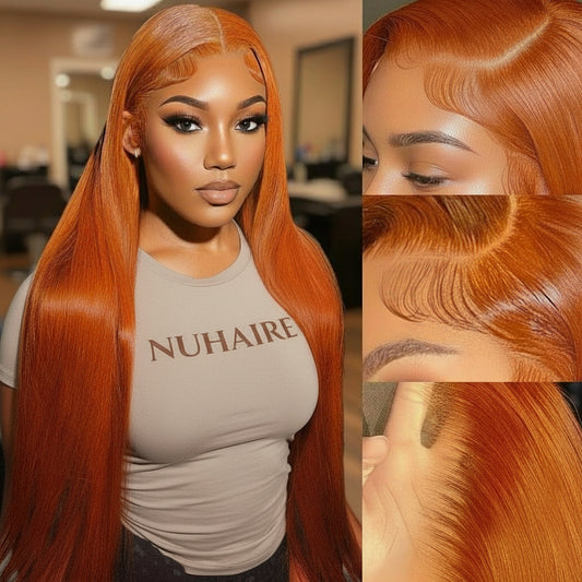 Model wearing Invisi-String ginger straight wig with close-up showing 360 lace hairline quality