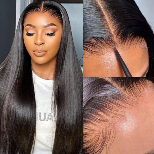 A woman is showcasing an easy-to-install NuHaire straight human hair wig with 180% density, providing full volume from root to tip, along with a close-up images of a seamless blend 6x4 HD glueless lace closure