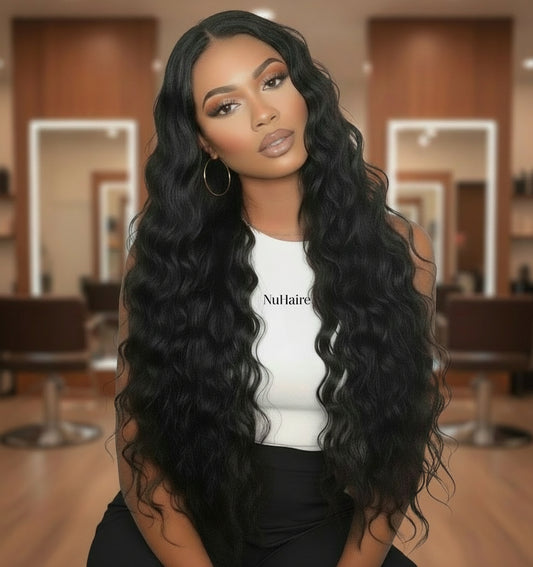 Model Display 2 - NuHaire's Brazilian / Indian Deep Wave Ultra Thin Invisible HD Lace Closure features a natural black color and premium human hair. Available in Brazilian and Indian textures with various lace sizes, it offers full volume and a flowing, deep wave texture.
